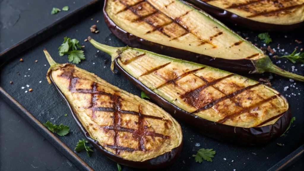Aubergines grillées avec peau dorée après cuisson.