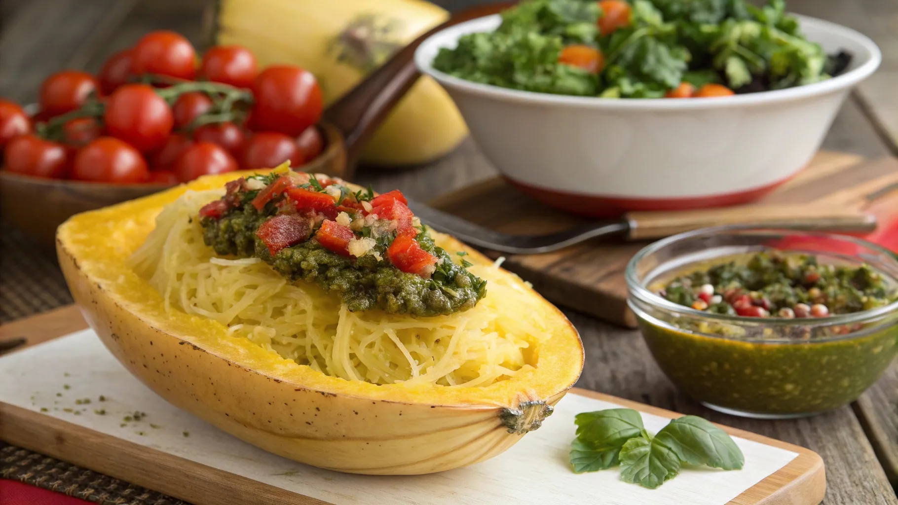 Image d'un plat de courge spaghetti avec sauce tomate et basilic frais.