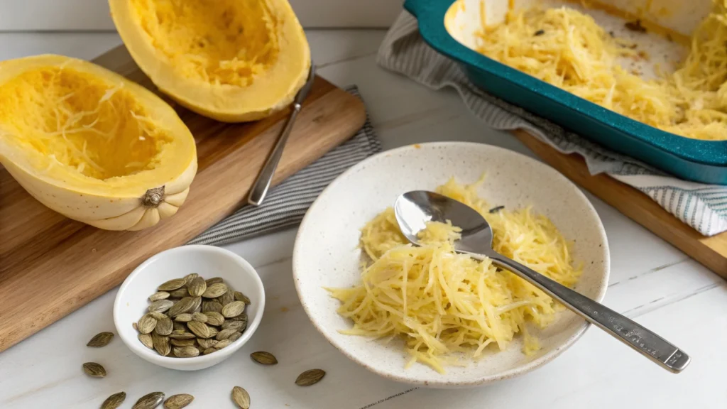 Étapes de préparation de la courge spaghetti, montrant la courge coupée et les filaments.