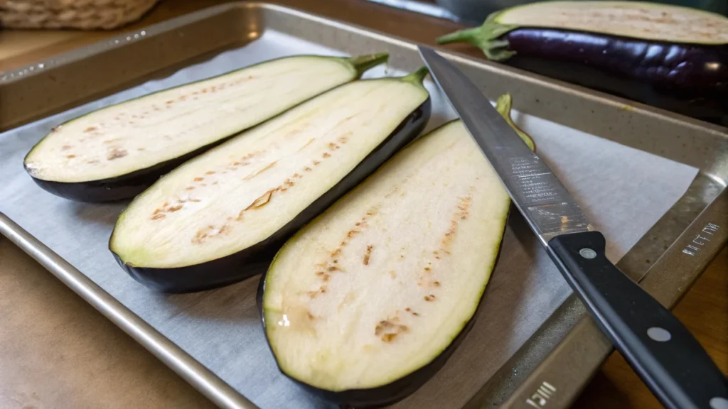 Aubergines coupées en deux et quadrillées avant cuisson.