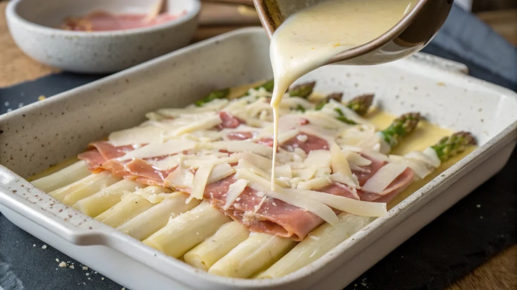 Montage du gratin d’asperges avec jambon et fromage.