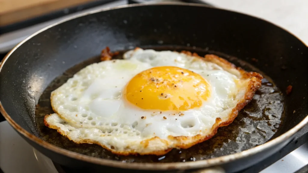 Œuf au plat avec contour doré dans une poêle chaude.