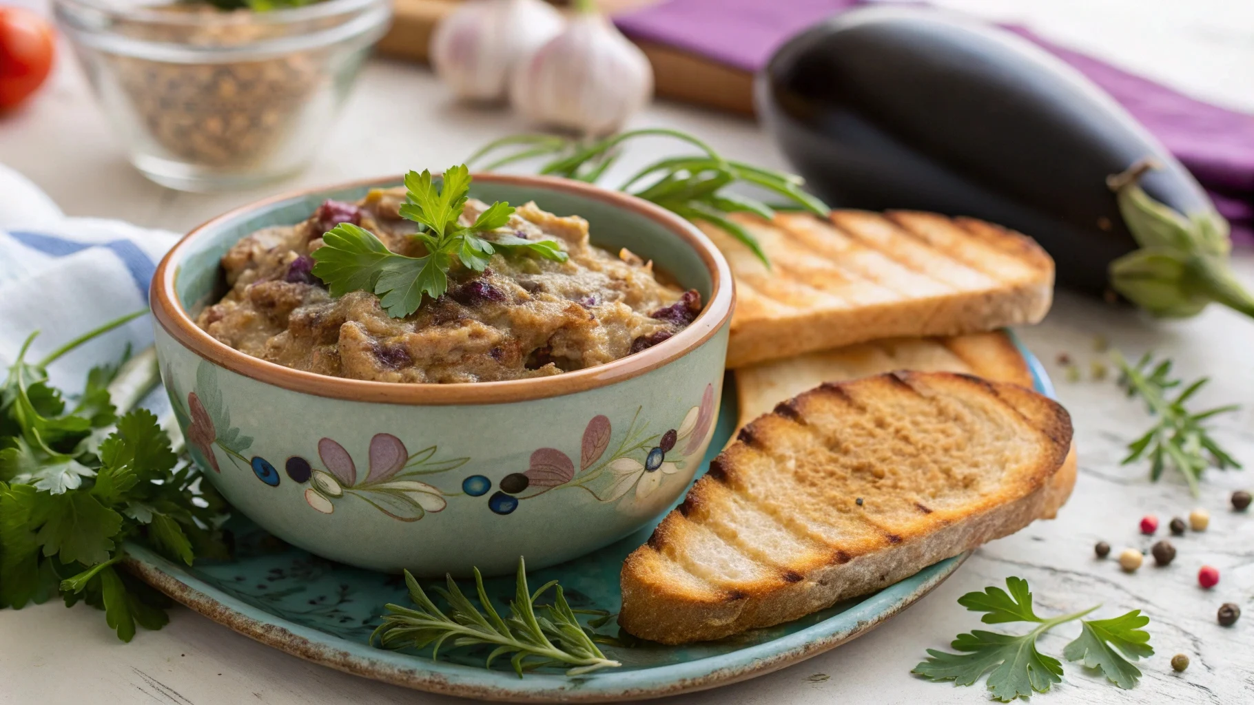 Caviar d’aubergine crémeux dans un bol avec pain grillé et herbes fraîches.