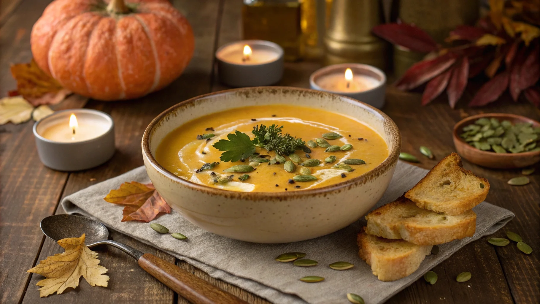 Bol de soupe au potiron crémeuse avec graines de courge et persil.