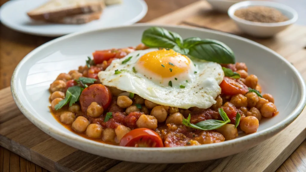 Assiette de pois chiches à la tomate avec œuf au plat et herbes fraîches.