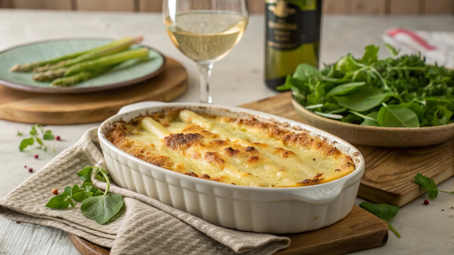 Gratin d’asperges blanches doré au four sur une table rustique.
