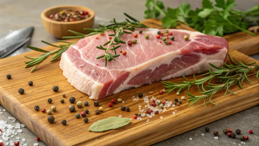 Joues de porc crues sur une planche en bois.