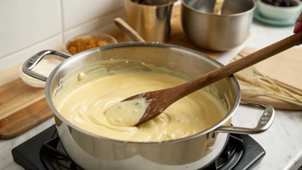 auce béchamel crémeuse en cours de cuisson.