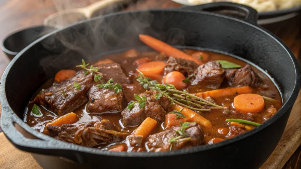 Joue de porc mijotant dans une cocotte en fonte.