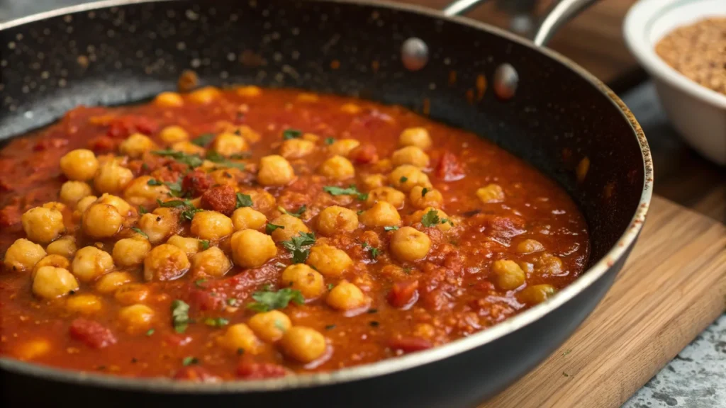 Poêlée de pois chiches mijotant dans une sauce tomate épicée.